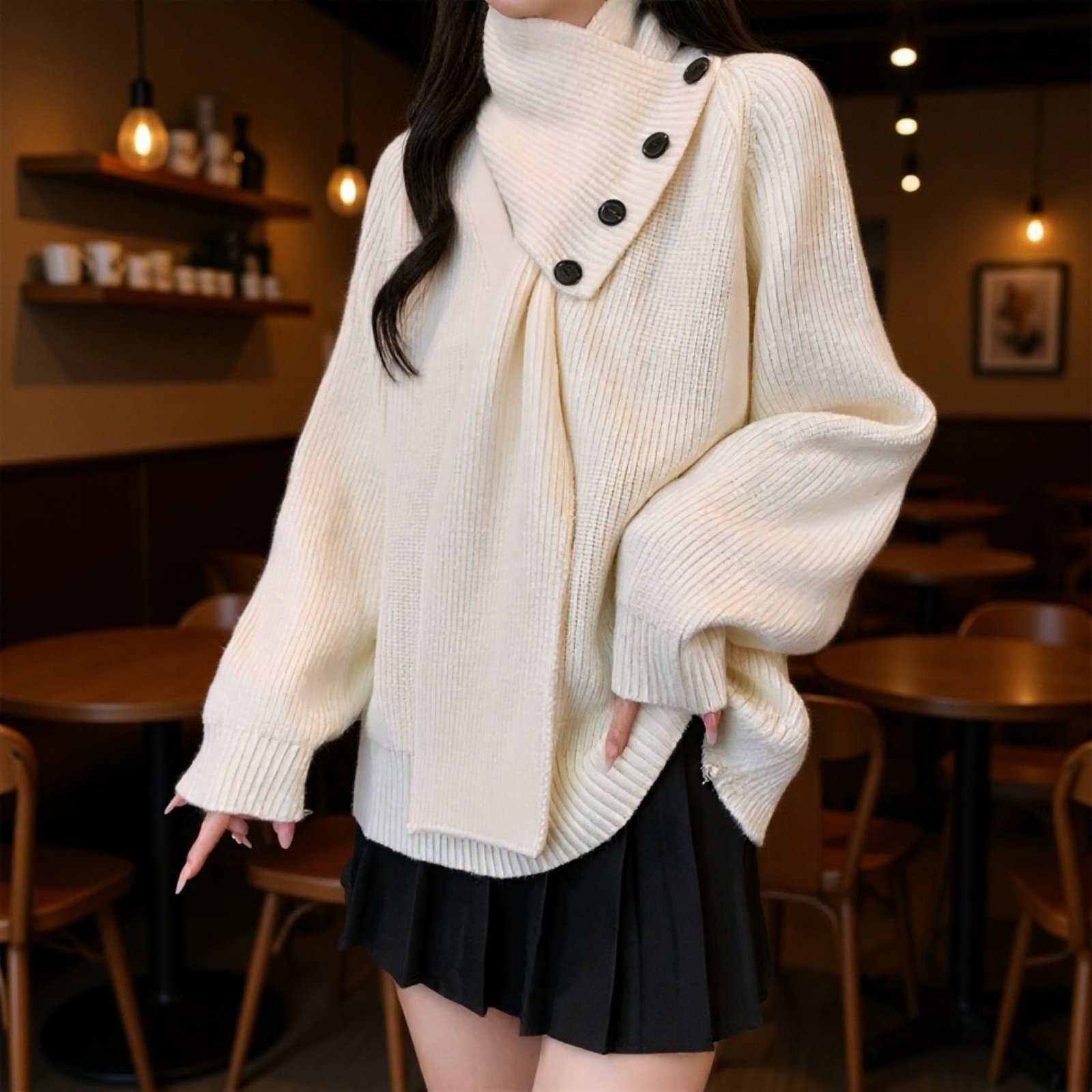 2025年新作 取り外し可能なスカーフ付きVネックセーター レディース 秋冬 ゆったりとしたハイエンドニットトップス