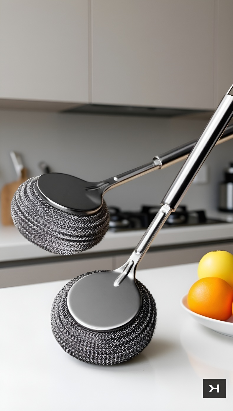 Topf-Reinigungsbürste aus Edelstahl mit langem Griff für die Küche