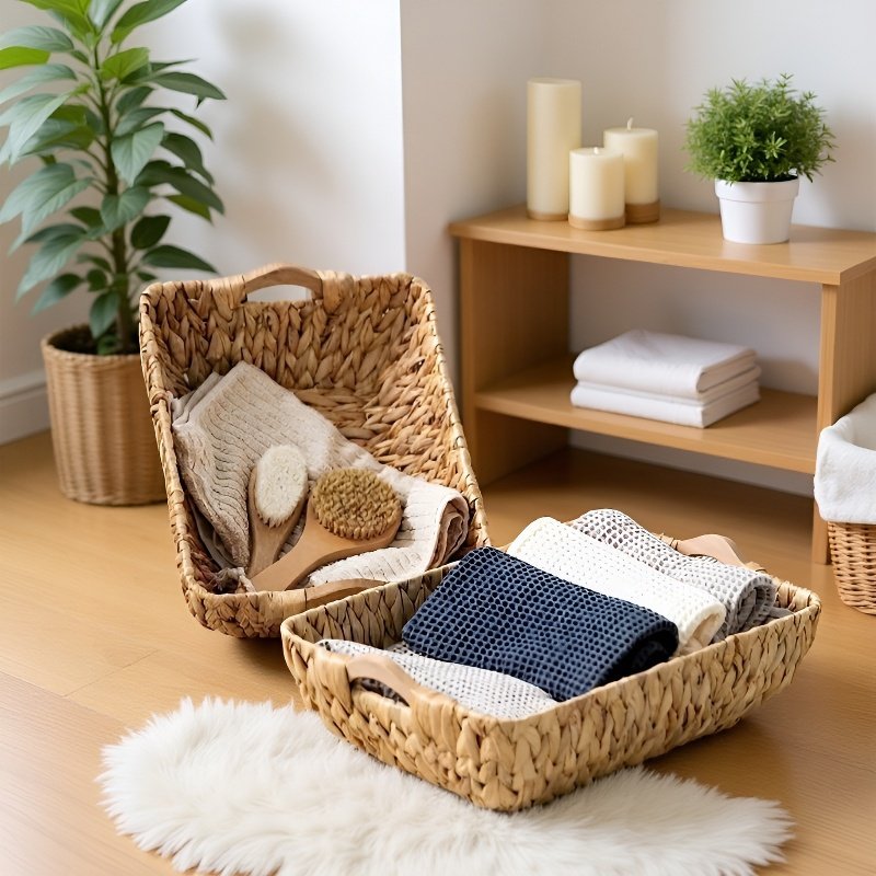 Wicker Storage Organizer Basket Made of Water Hyacinth and Straw
