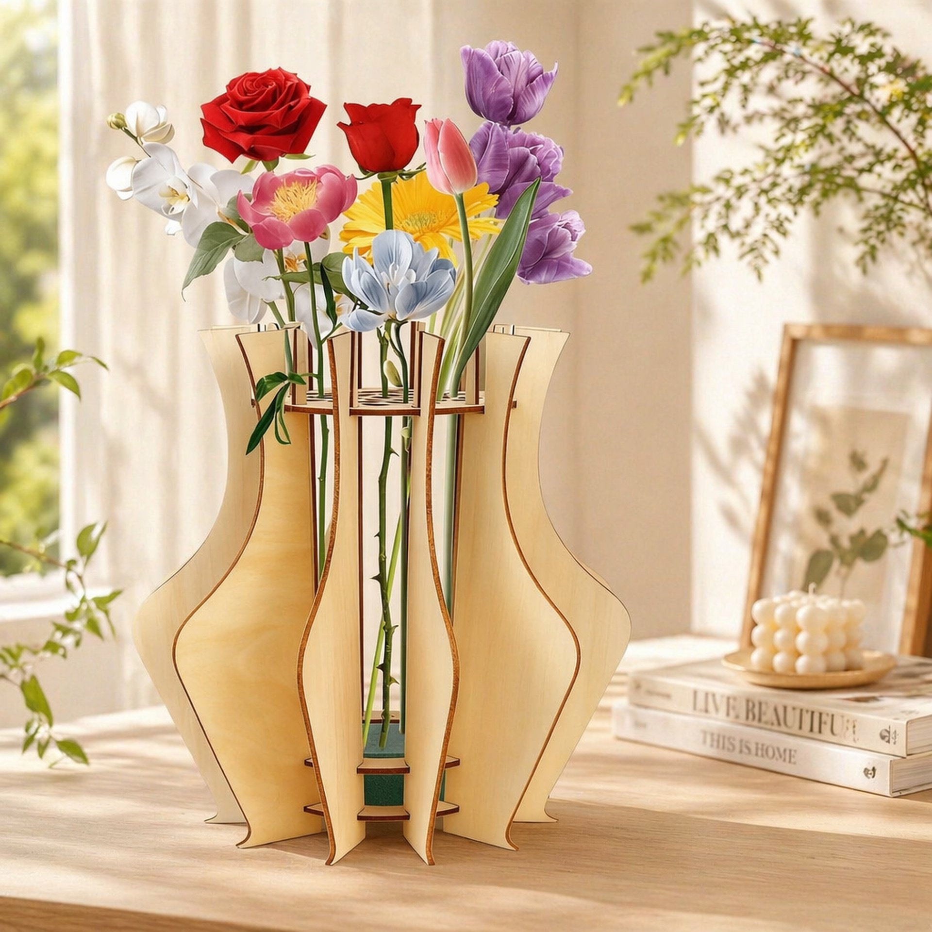 Support de vase en bois puzzle pour présentation de bouquets