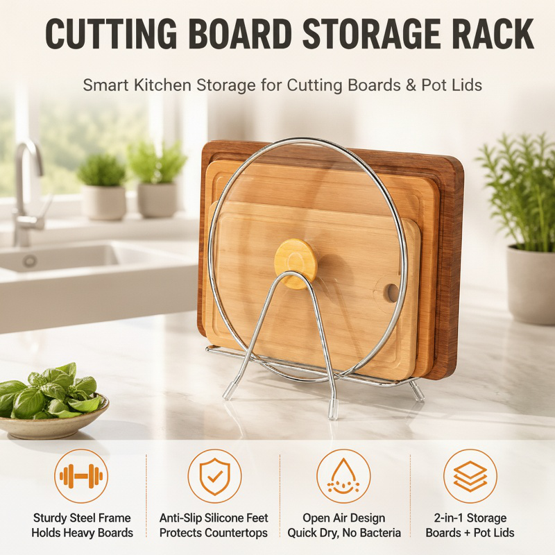 Stainless steel cutting board rack and pot lid holder for kitchen use - durable and space-saving.
