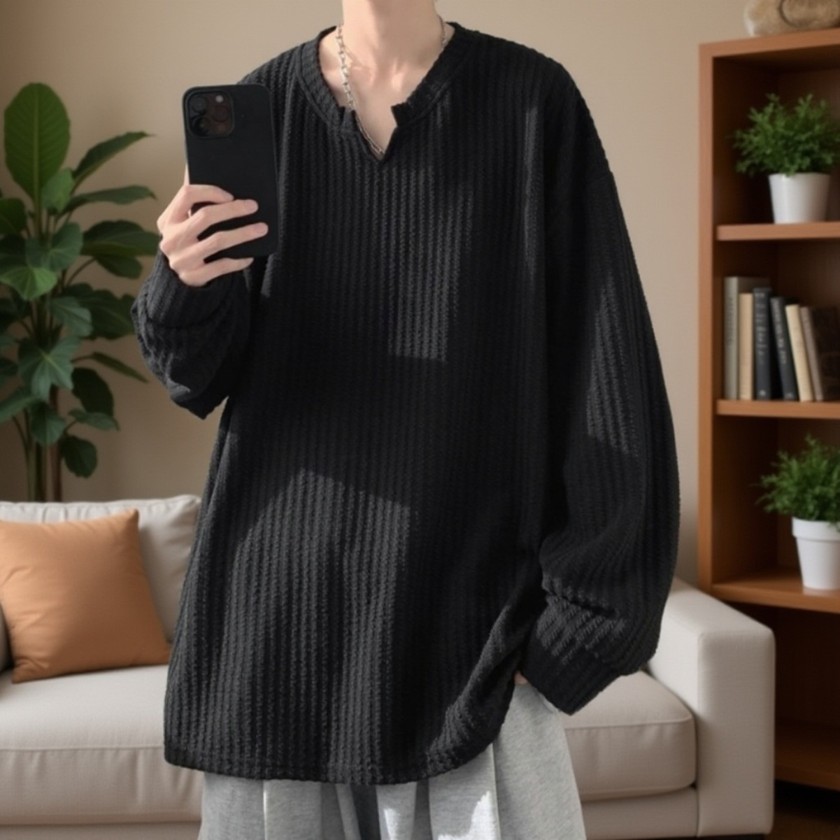 肌感のある長袖Tシャツ メンズ ゆったりインナー ベーシックトップス