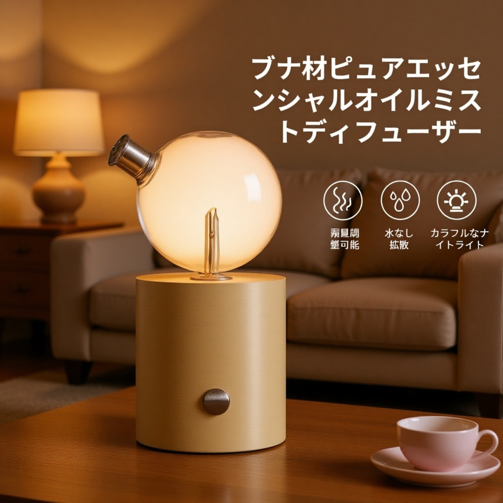 ノブでミスト量を調節できる、水不要の無垢材製エッセンシャルオイルアロマセラピーディフューザー。室内空気浄化にも。低騒音、間接照明、カラフルなLEDライト、自動電源オフ機能を備えたアロマセラピーディフュ
