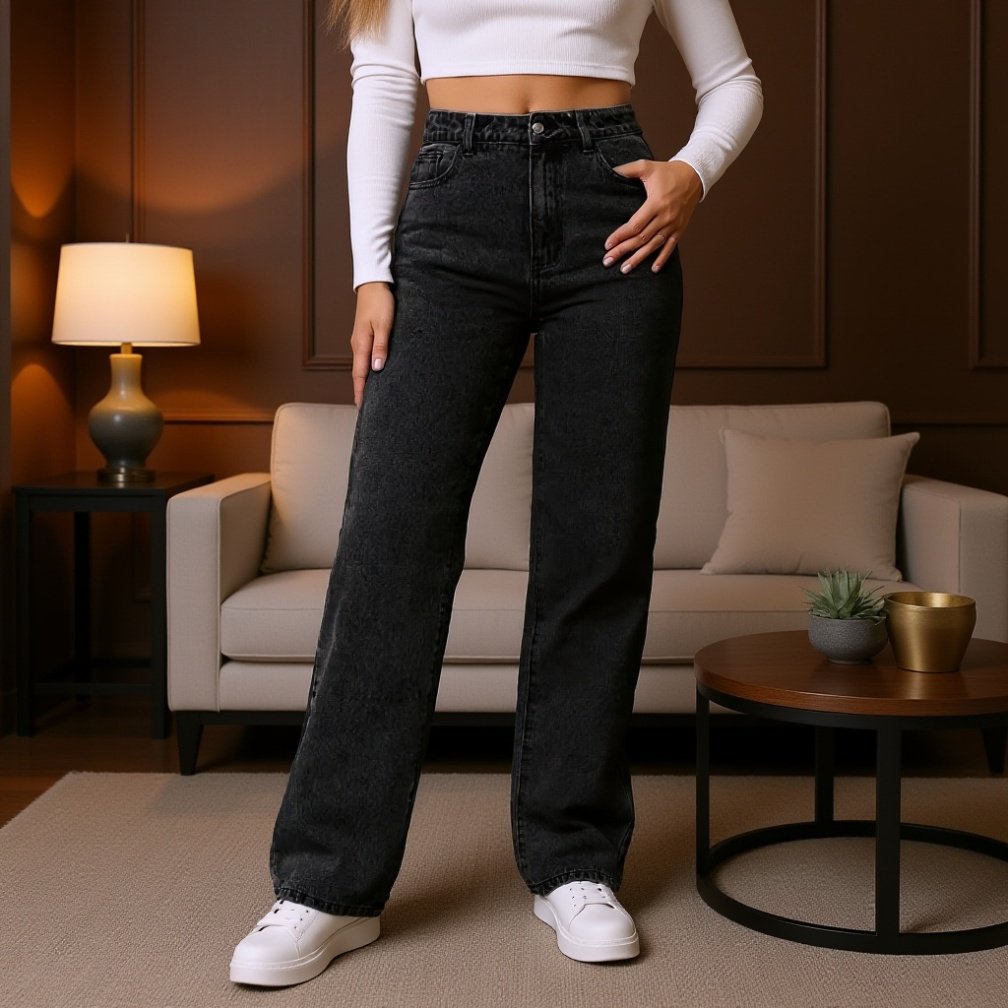بنطلون جينز نسائي مستقيم ضيق بخصر مرتفع