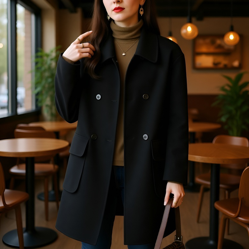 韓国風スリムフィット中長丈ウールコート レディース