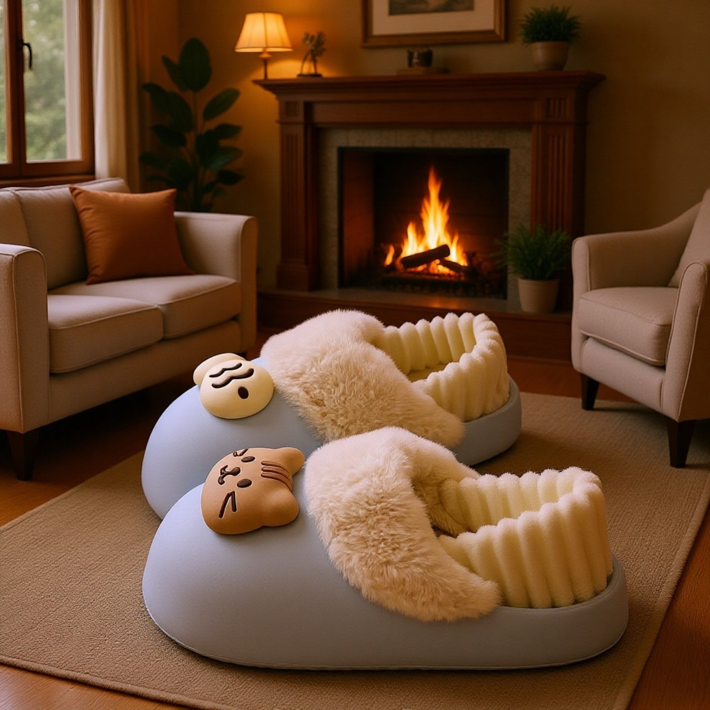 室内外両用猫デザインモコモコスリッパ 滑り止め加工