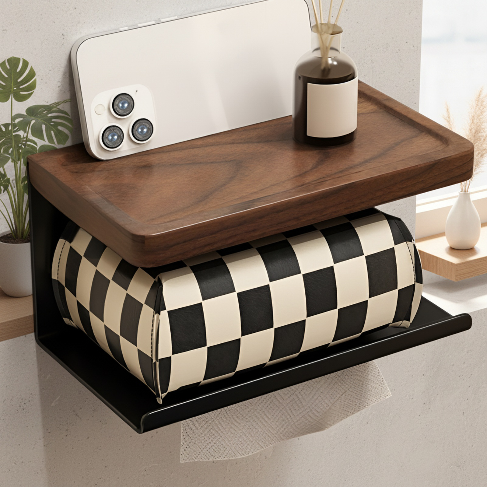Punch-Free Walnut Wood Toilet Paper Holder Tissue Storage