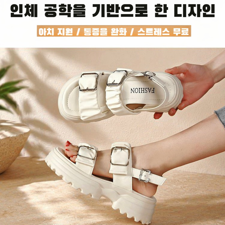 비치 캐주얼화 통굽 펀칭 발가락 여 샌들 일자 버클 로마 슈즈 송편창 키높이 샌들
