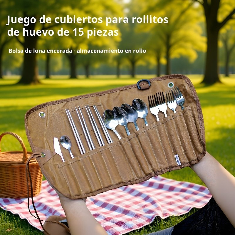  Juego de cubiertos de acero inoxidable con funda de lona encerada para exteriores