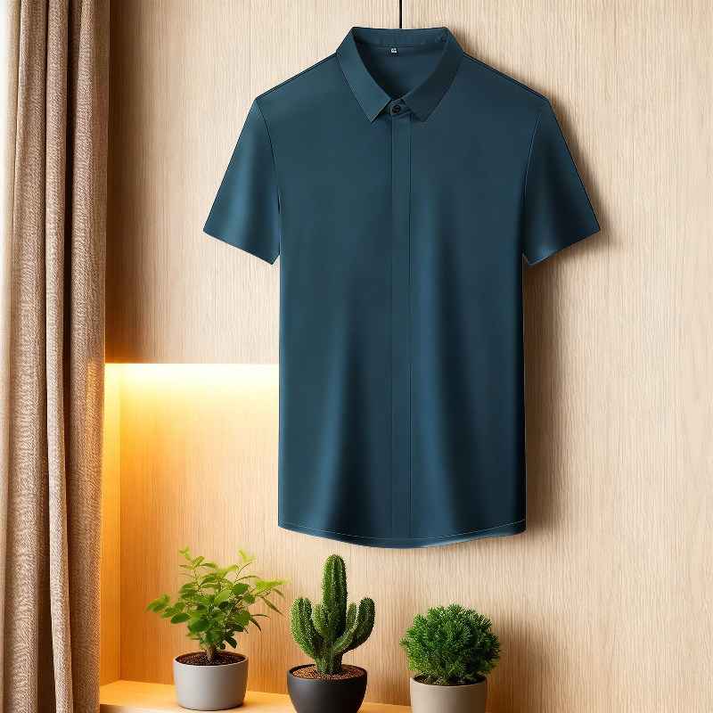 ビジネスメンズファッションシャツ 中年男性用ノンマーキング高弾性アイスシルク半袖シャツ サマーファッション・ビジネスシャツ