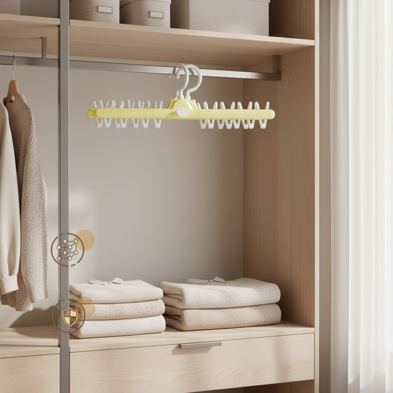 Space-saving drying rack with sock clamps in use