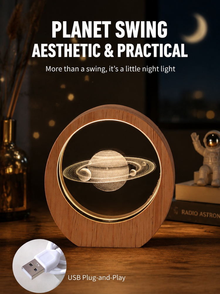 Close-up of crystal planet night light with LED illumination