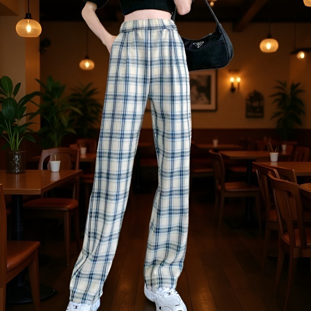 하이웨스트 체크 팬츠 캐주얼 바지 직통 옥외 행사 흡습 날씬해 보이는