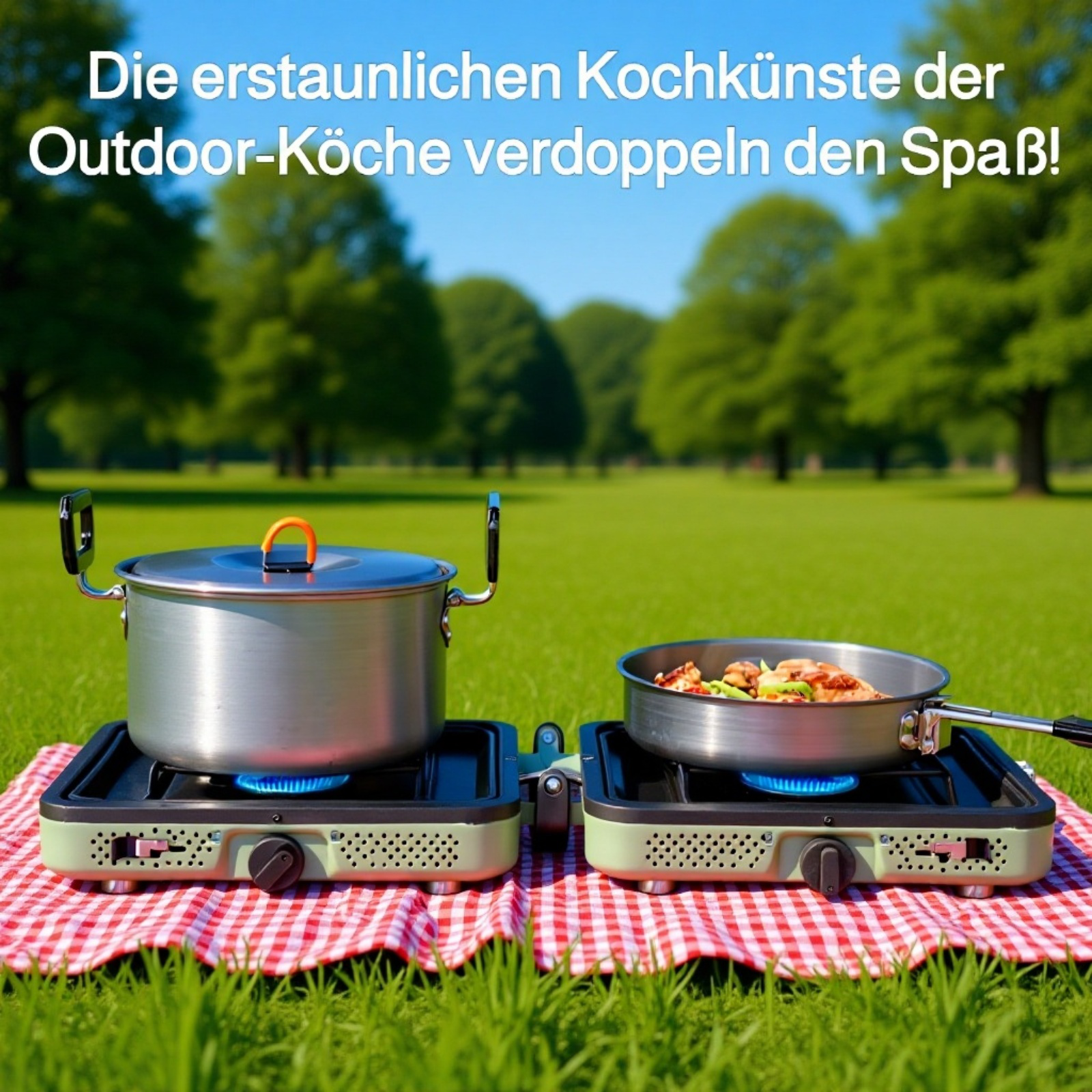 Faltbarer tragbarer Camping-Gaskocher mit zwei Flammen im Einsatz