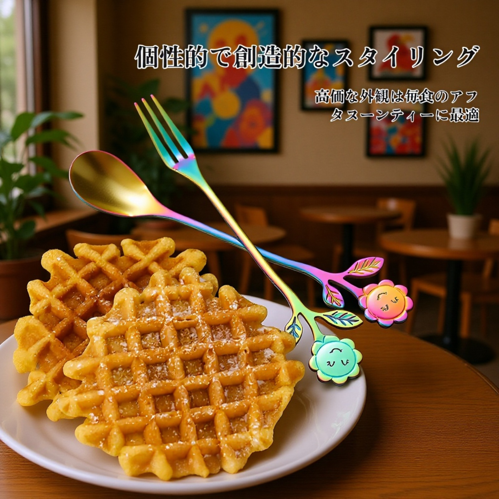 可愛いステンレス製ゴールドリーフスプーン フルーツフォーク＆スプーン コーヒースプーン