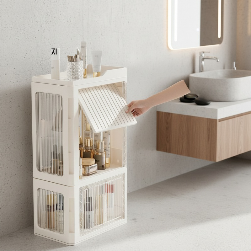 Vue latérale de l'étagère de rangement modulable pour salle de bain