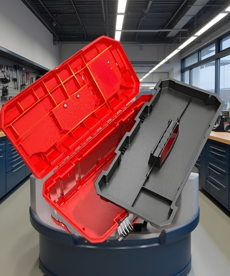 Large tool box mounted on work vehicle for secure storage