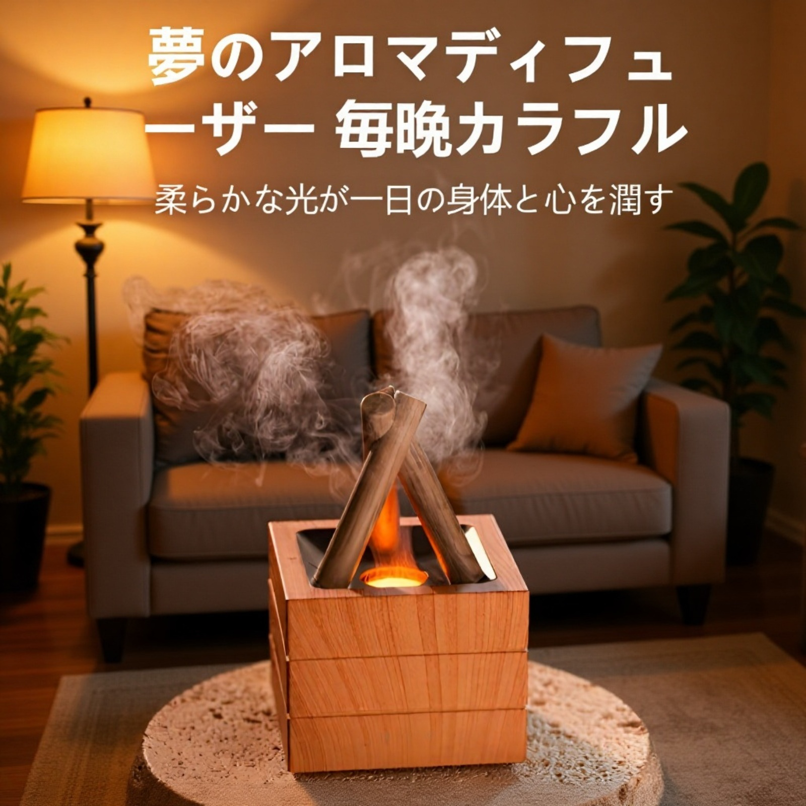 カラフル炎ランプ付きUSBデスクトップ加湿器