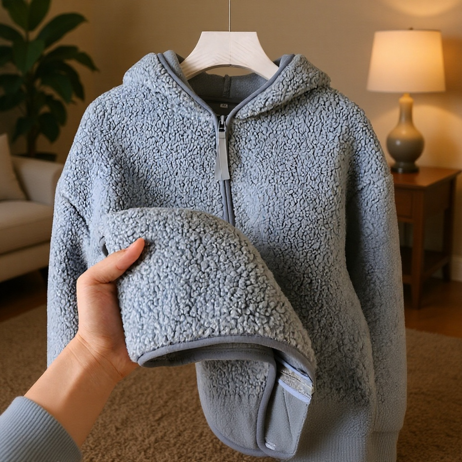 やさしいミルキーホワイト厚手フリース保温フード付きパーカー（秋冬用・女性用）