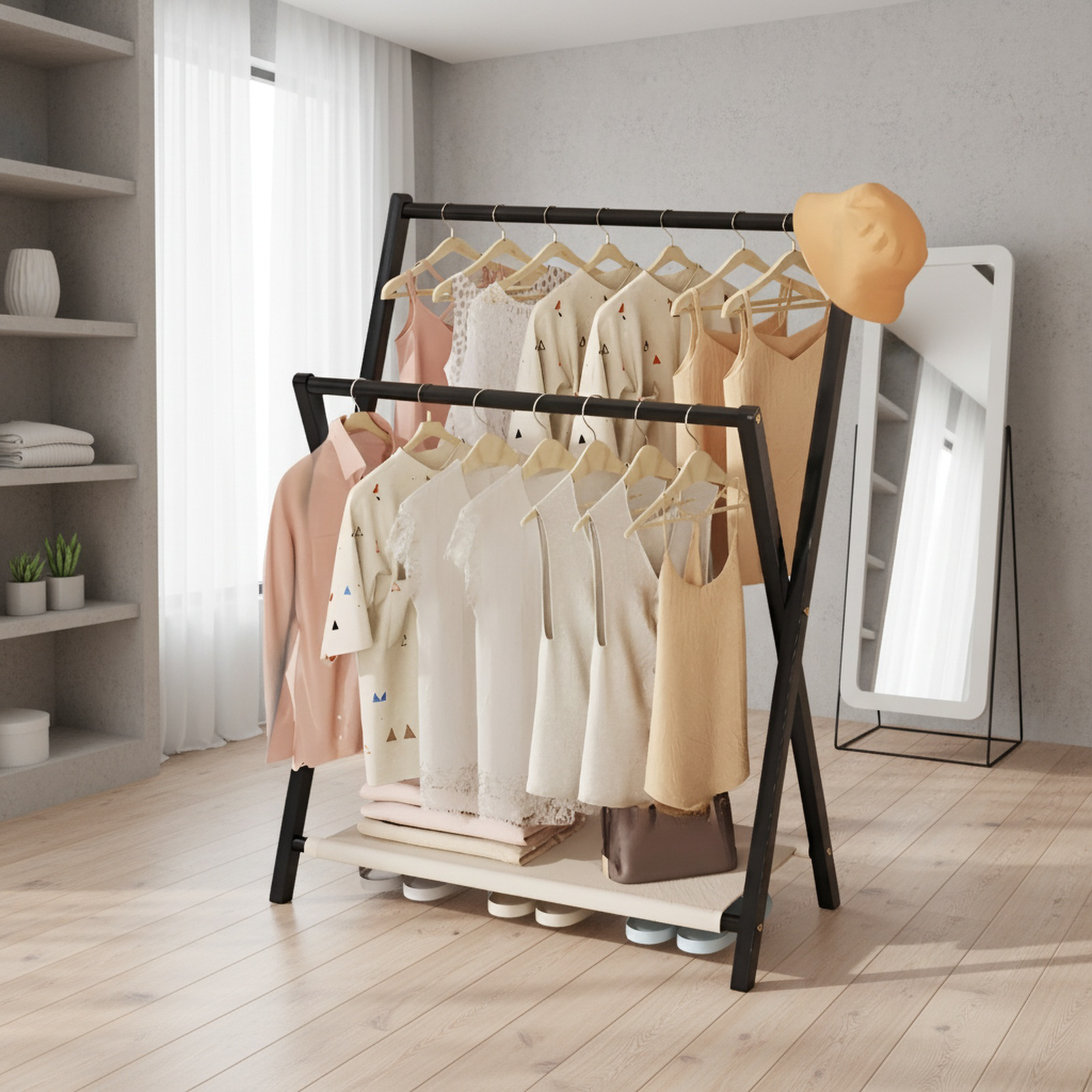 Bamboo folding indoor clothes rack/clothes hanger, simple clothes hanger, natural material, odorless