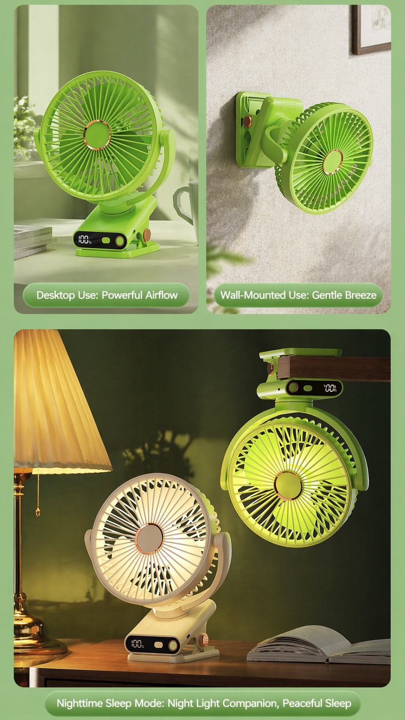 Clip-on fan attached to office desk corner