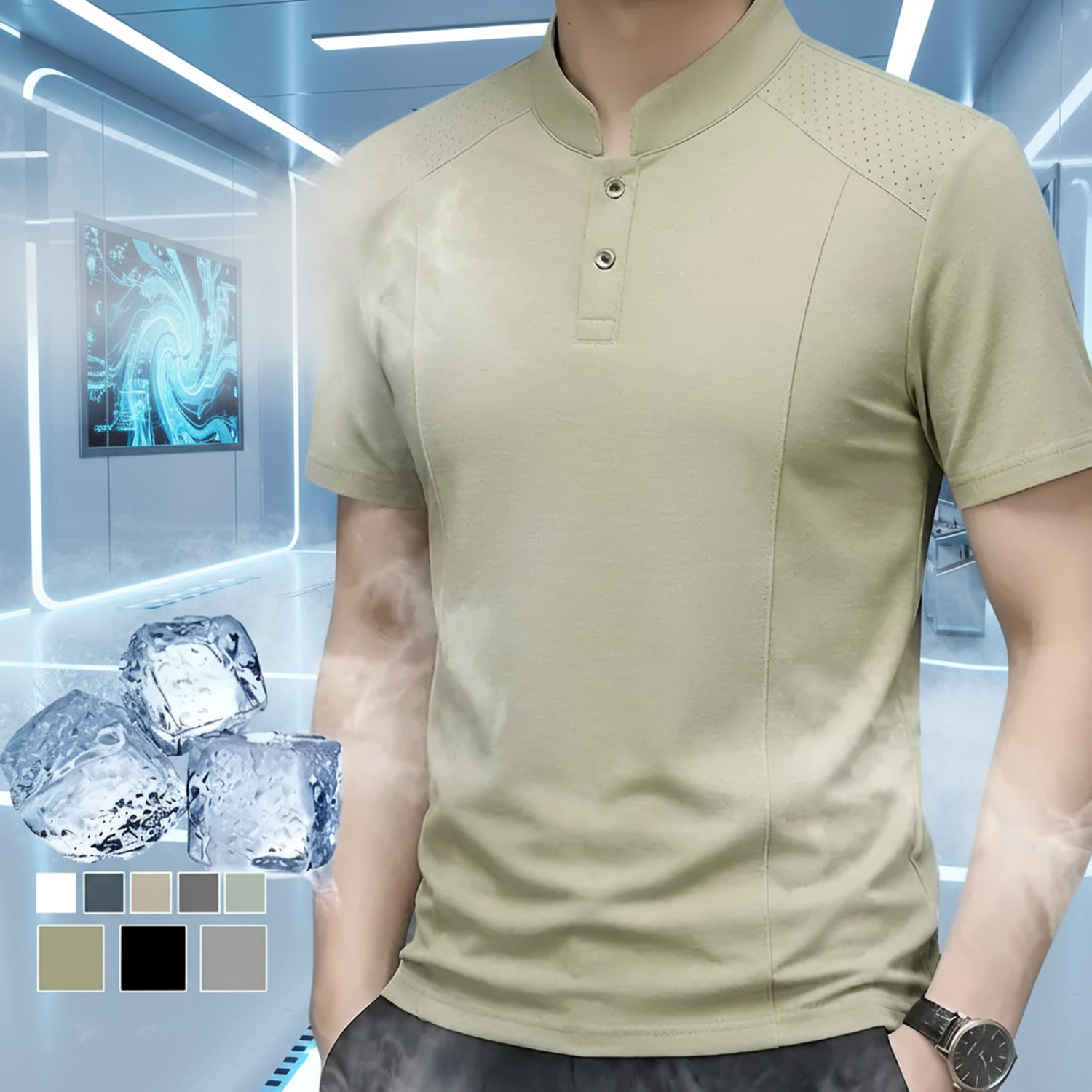 スタンドカラーの半袖Tシャツ（メンズ）、ファッショナブルでトレンディ、ハンサム、無地、軽やかな高級感のあるメンズウェア。