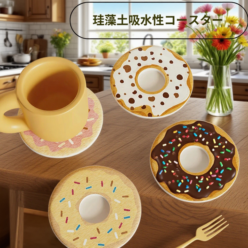 ドーナツ型円形珪藻土コースターマットの吸水性を示した写真