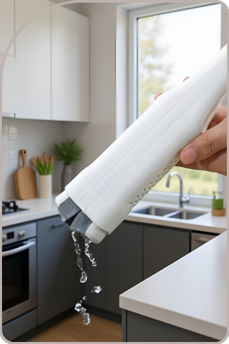 밀대를 이용한 바닥 물기 제거 장면