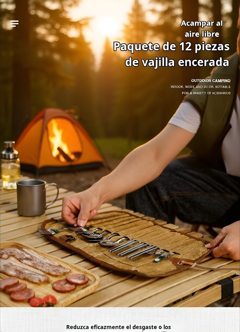 Set de cubiertos de acero inoxidable para camping con estuche de lona