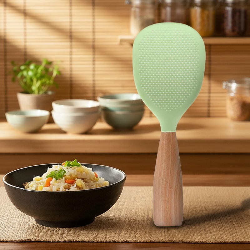 Close-up of upright standing silicone rice spoon