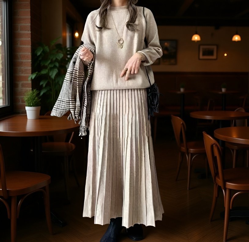 細見えハイウエストプリーツAラインスカート女性用全体画像