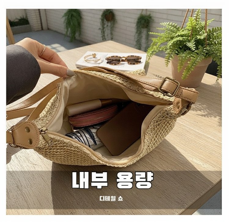 여성용 캐주얼 패션 밀짚 가방 디테일