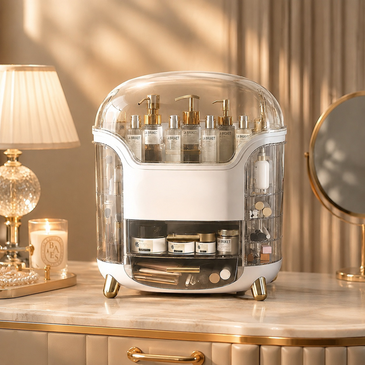 Spacious vanity makeup storage box with multiple compartments