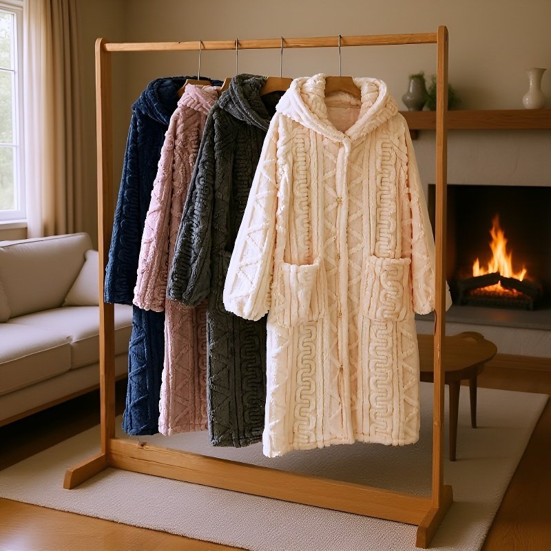  Thick and Warm Plush Hooded Bathrobe for Women and Men — Cozy Flannel Sleepwear