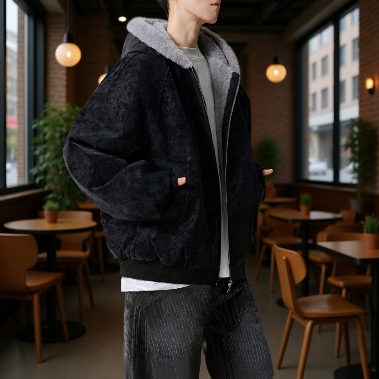 アメリカンスタイルのフリース裏地付きフード付き PU レザージャケット、防風、防寒、メンズ冬用ゆったりコットンパッド入りコート、高級感、厚手で暖かいアウターウェア。