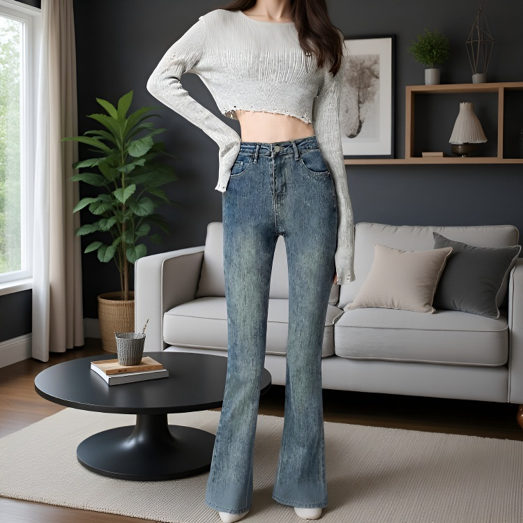 여성 하이웨스트 조거 스판 슬림핏 데님 팬츠 봄 퍼플레어 데님 팬츠