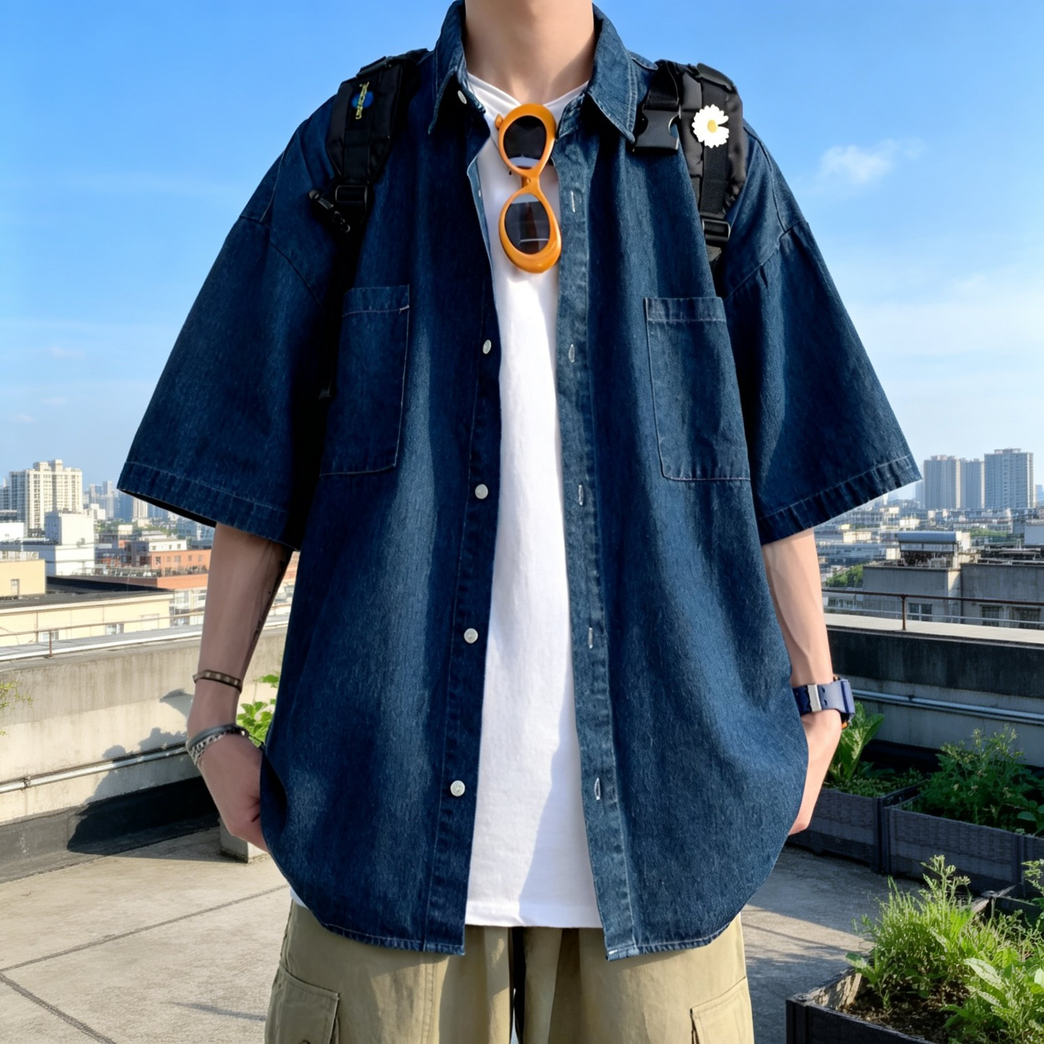 한국풍 루즈핏 커플 데님 반팔 셔츠, 여름 데일리 셔츠