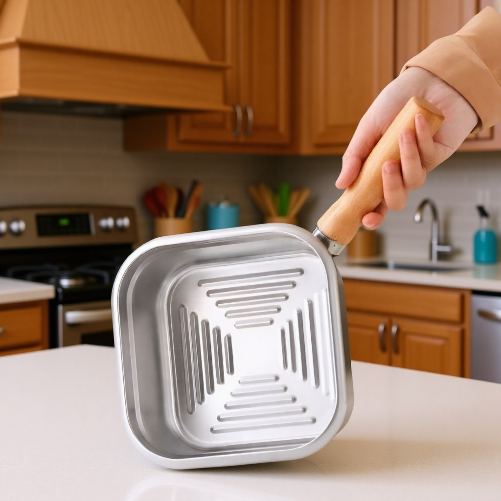 日本製ステンレススクエアフライパン 家庭用麺調理鍋 ミルクポット アウトドアポータブル多機能鍋 天ぷらフライパン