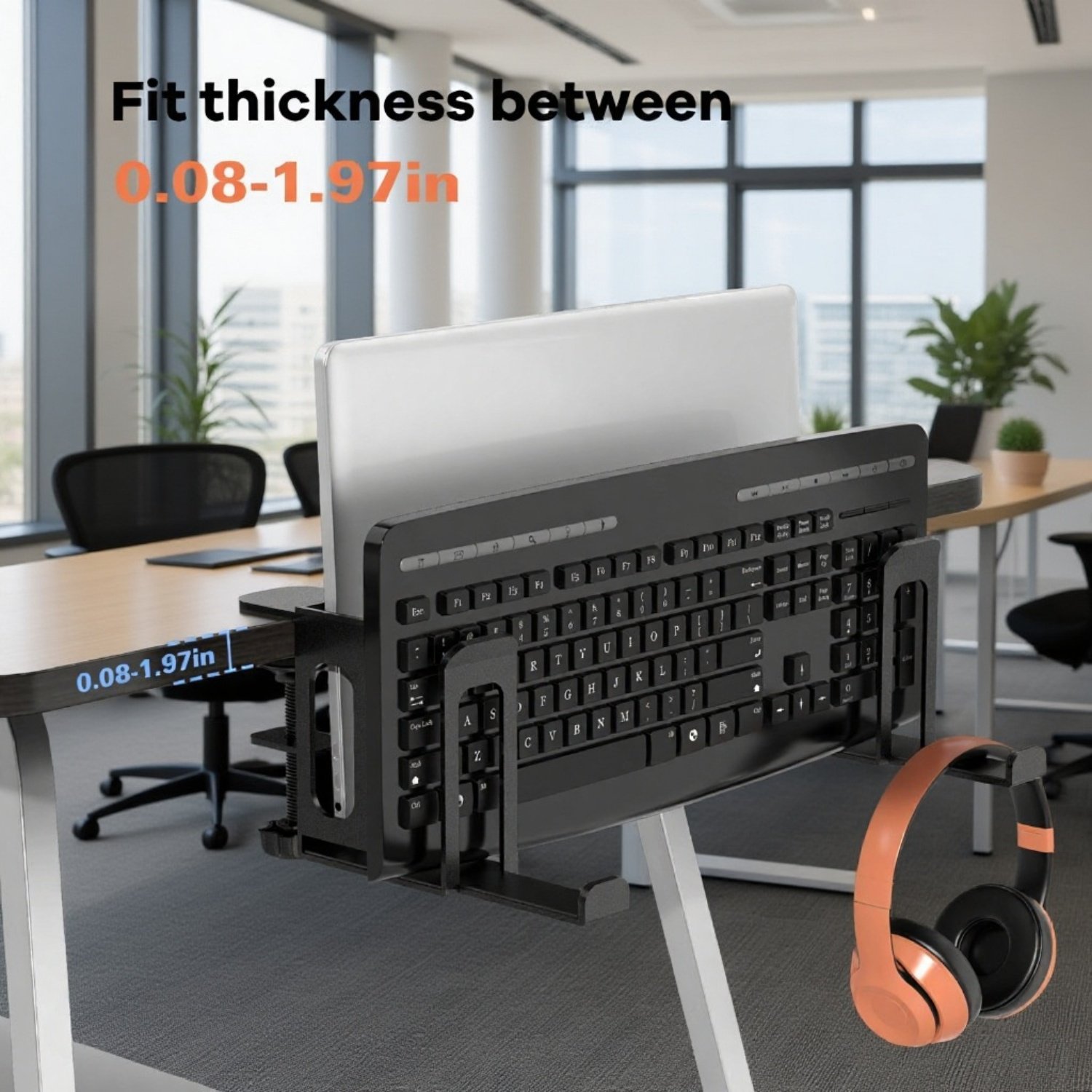 Laptop stand with side keyboard storage, includes headphone holder, handle hook, and tablet.