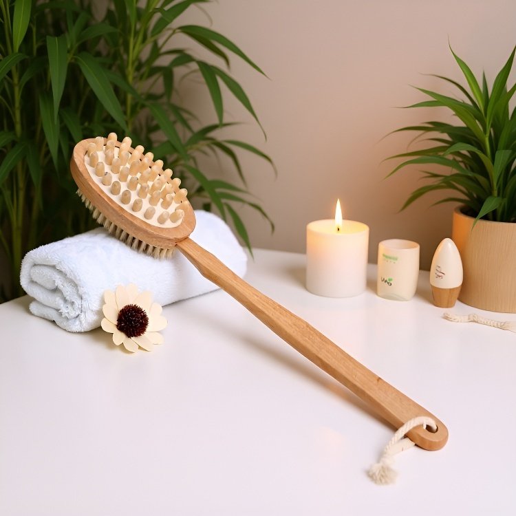 Double-sided boar bristle bath brush, long handle, powerful exfoliating back.