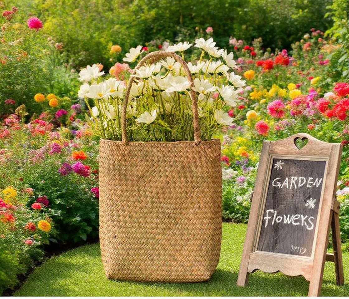 Cesta de flores tejida a mano de algas marinas estilo nórdico