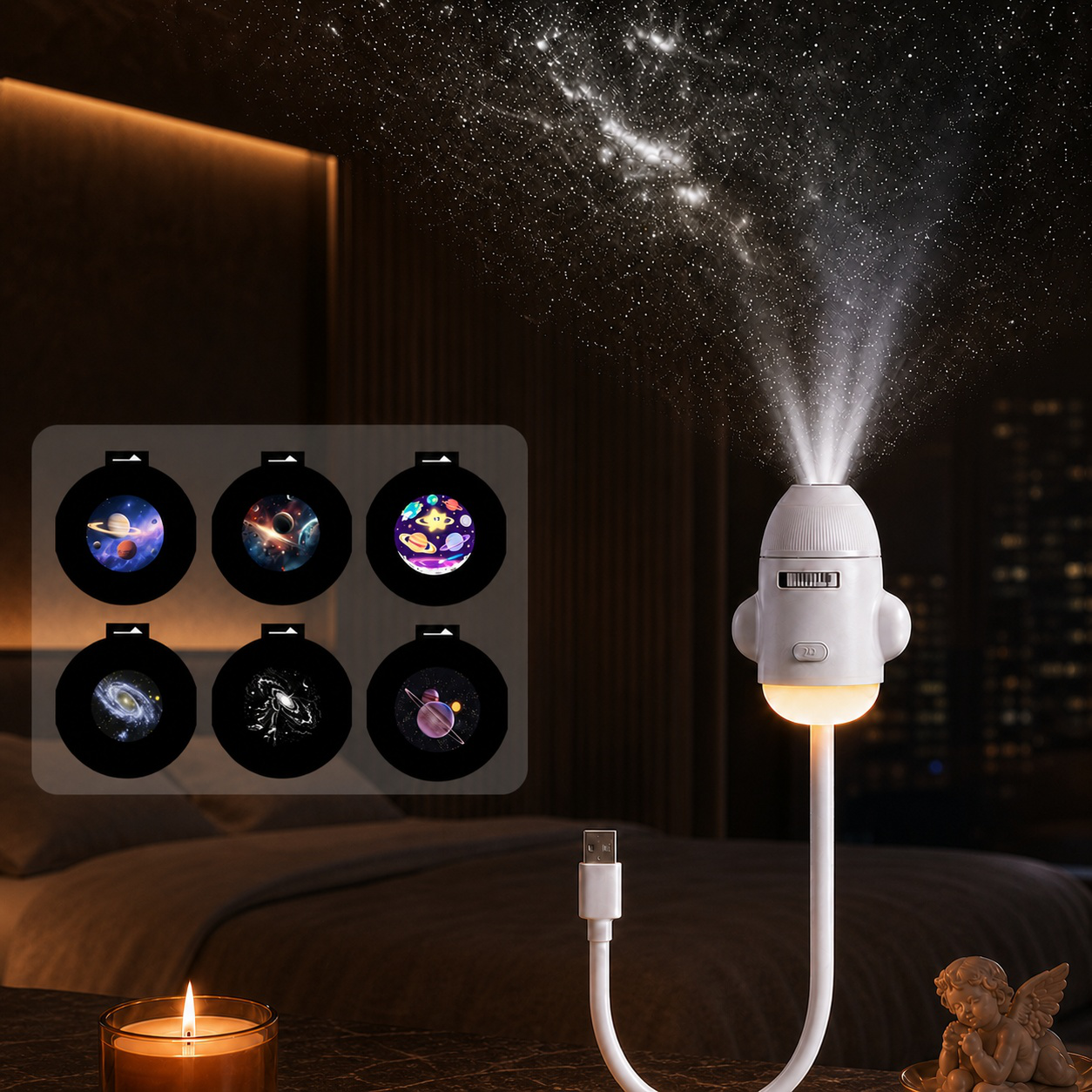 Romantic bedroom lighting with starry projector lamp