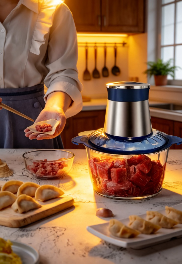 Compact household meat mincer with vegetable chopping function