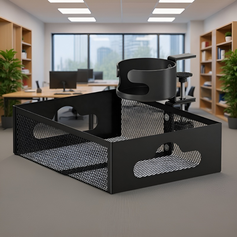 Under-desk cable management rack, no-drill mesh basket cable organizer, power strip holder, under-de