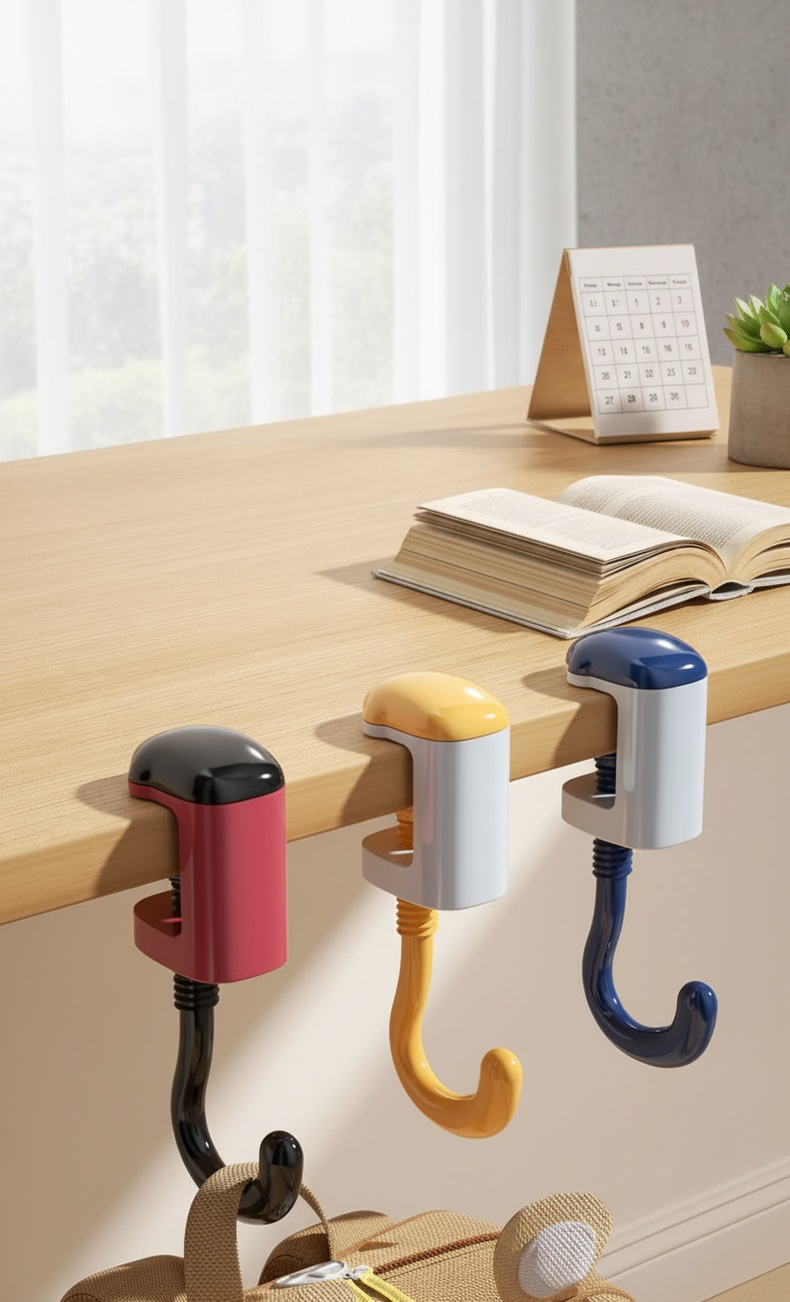 Support de sac sans perçage installé sur un bureau d'écolier