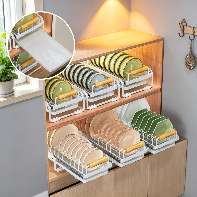Organizador de platos antideslizante con drenaje para armario de cocina