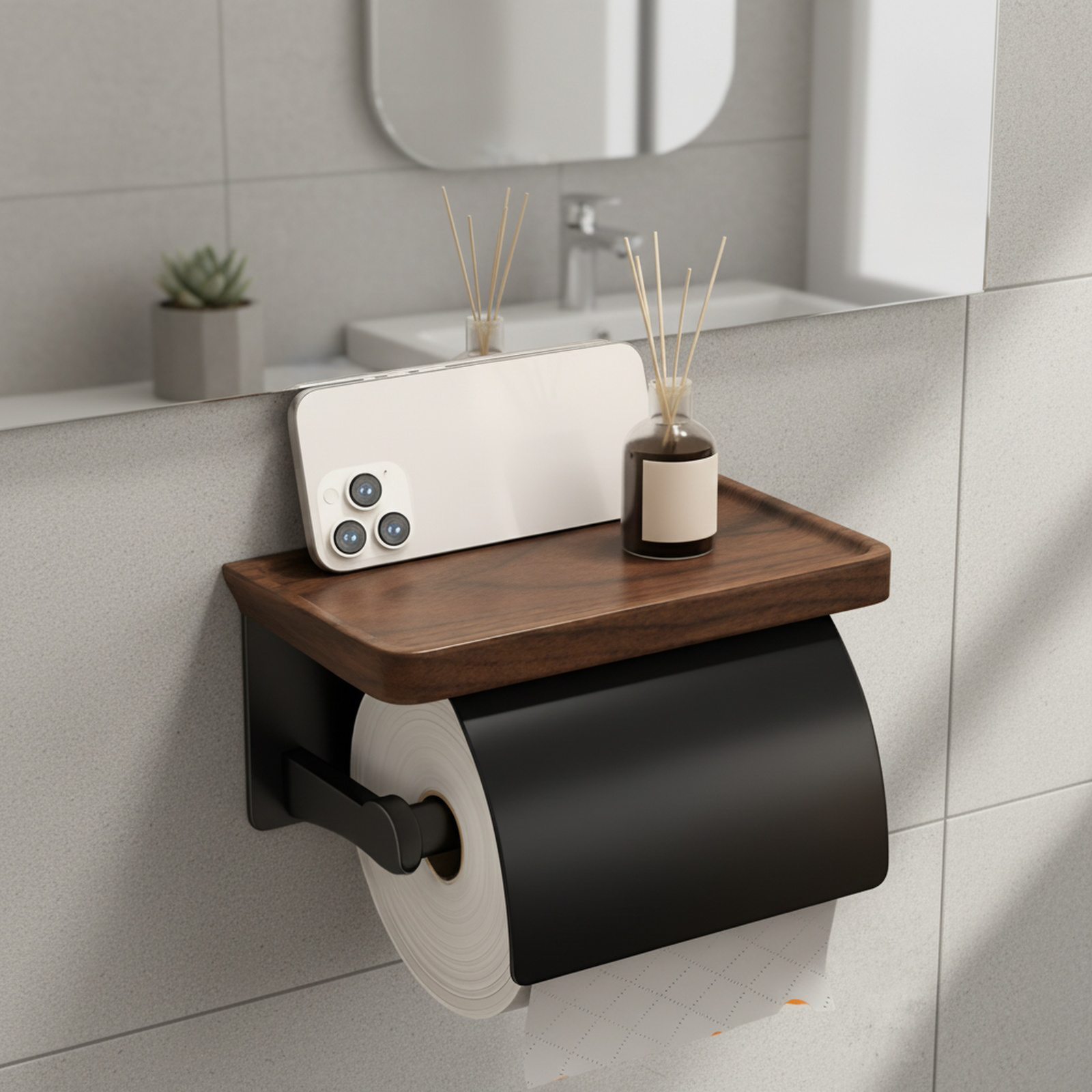 Punch-Free Walnut Wood Toilet Paper Holder Tissue Storage