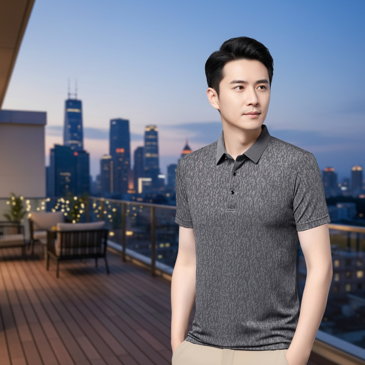 프린트 패션 반팔 남자 폴로 셔츠 착용 이미지