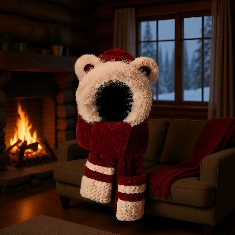 방한 보온 곰돌이 모자 목도리 장갑 일체형