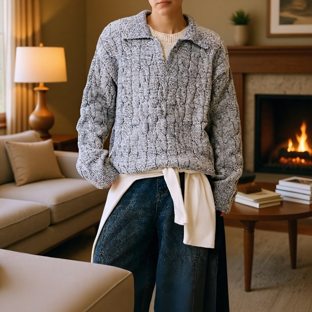 オーバーサイズ厚手Vネックセーター ユニセックス 秋冬ファッション